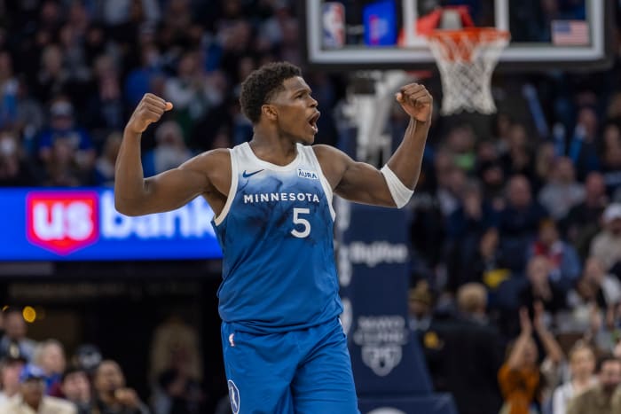 Dec 21, 2023; Minneapolis, Minnesota, USA; Minnesota Timberwolves guard Anthony Edwards (5) celebrates after making a shot against the Los Angeles Lakers in the second half at Target Center.